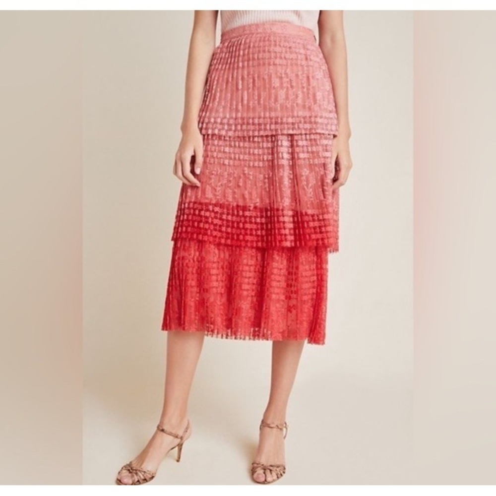 Anthropologie Maeve women's Brighton Tiered Midi skirt Pink ombré lace Size 2